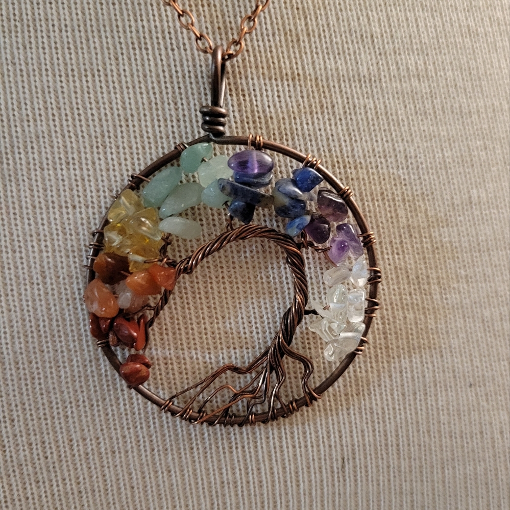 Artisan Hand Crafted Tree Of Life Necklace With Gemsone Chips